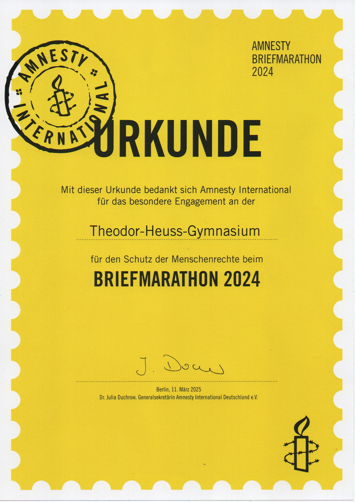Amnesty Briefmarathon Urkunde 2024
